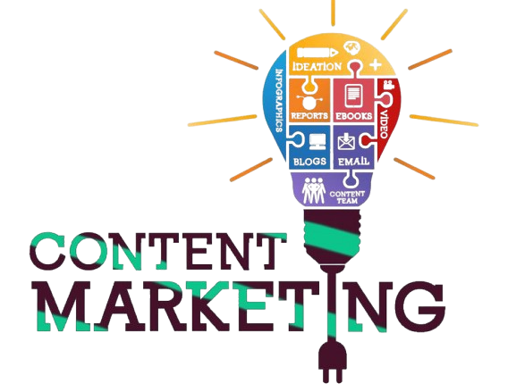 This is a visually appealing image centered around the concept of "Content Marketing," represented as a lightbulb filled with key components such as blogs, email, ideation, videos, reports, and more. If you'd like assistance creating content related to this image or ideas on how to incorporate it into your work, feel free to ask!